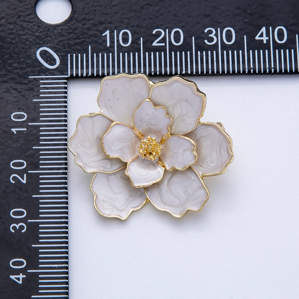 Gold 25.3mm x 31mm White Glitter Enamel Flower Pin Brooch | BH-119