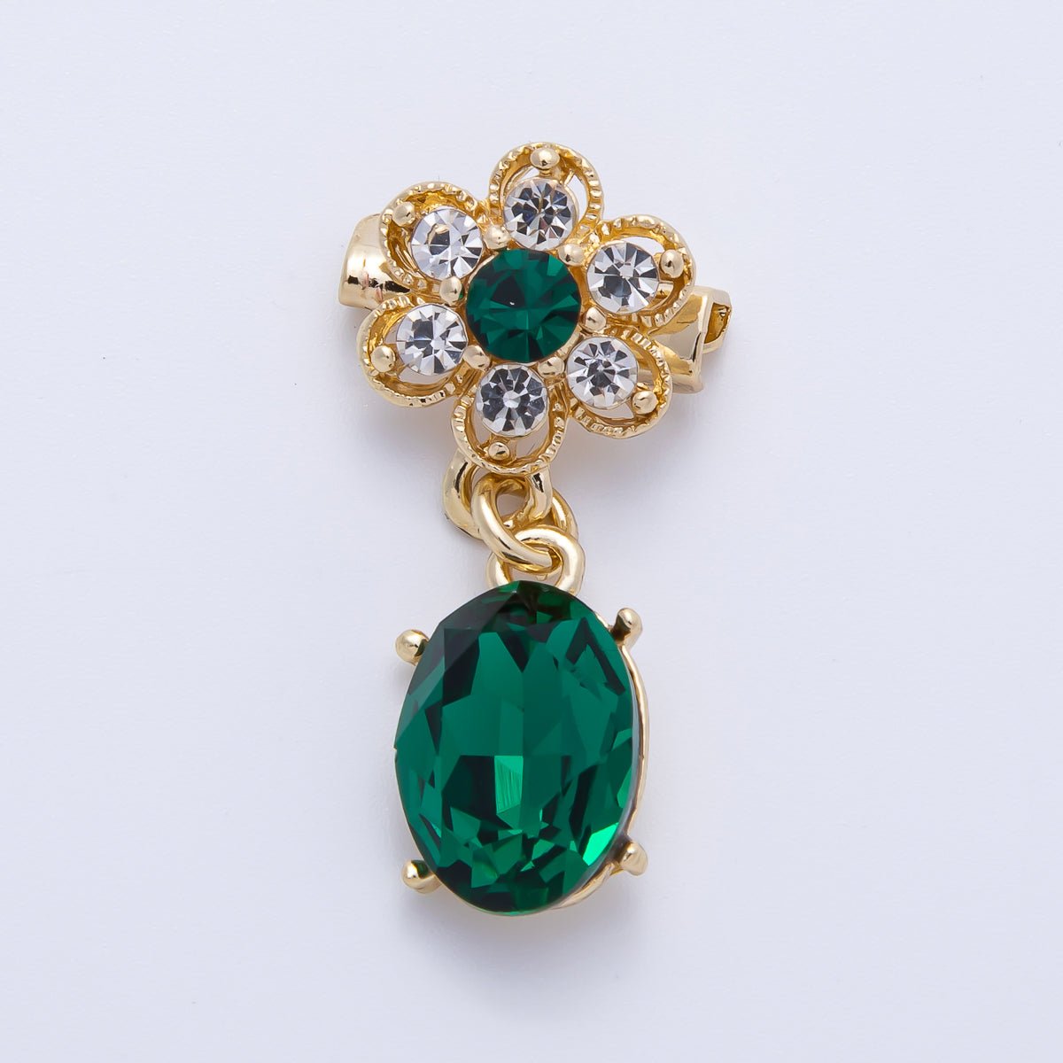 Gold 34.5mm x 15.3mm Green Oval Rhinestone Drop Flower Pin Brooch | BH-046