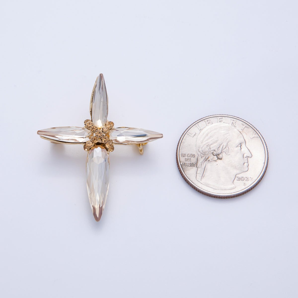 Gold 39mm x 33mm Marquise Rhinestone Tied Cross Pin Brooch | BH-056