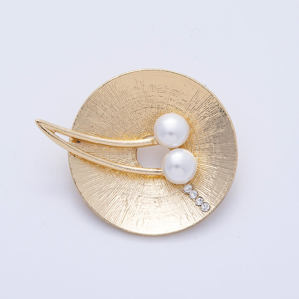 Gold 40.3mm x 32.7mm Cherry Pearl Textured Round Pin Brooch | BH-072