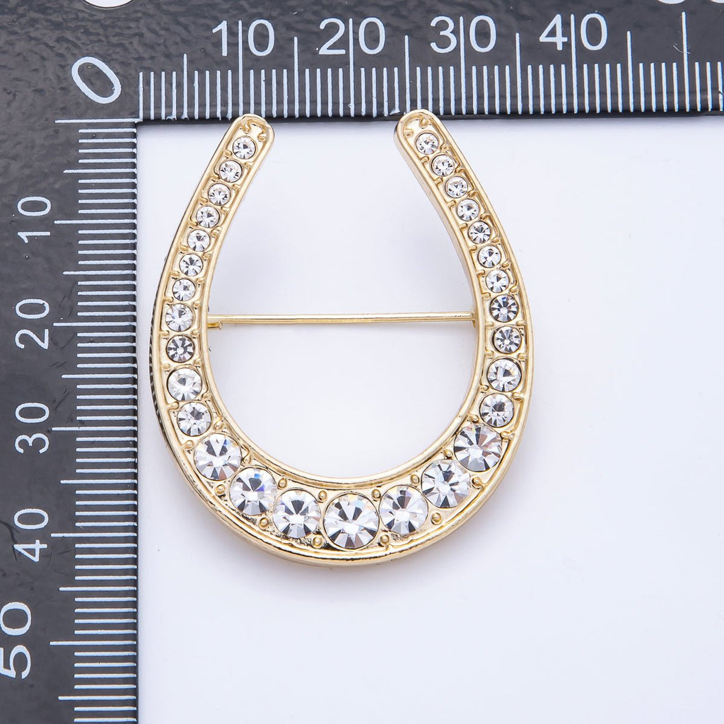 Gold 40.3mm x 33.7mm Clear Rhinestone Gradient Horseshoe Pin Brooch | BH-055