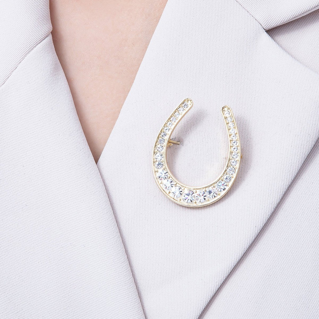 Gold 40.3mm x 33.7mm Clear Rhinestone Gradient Horseshoe Pin Brooch | BH-055