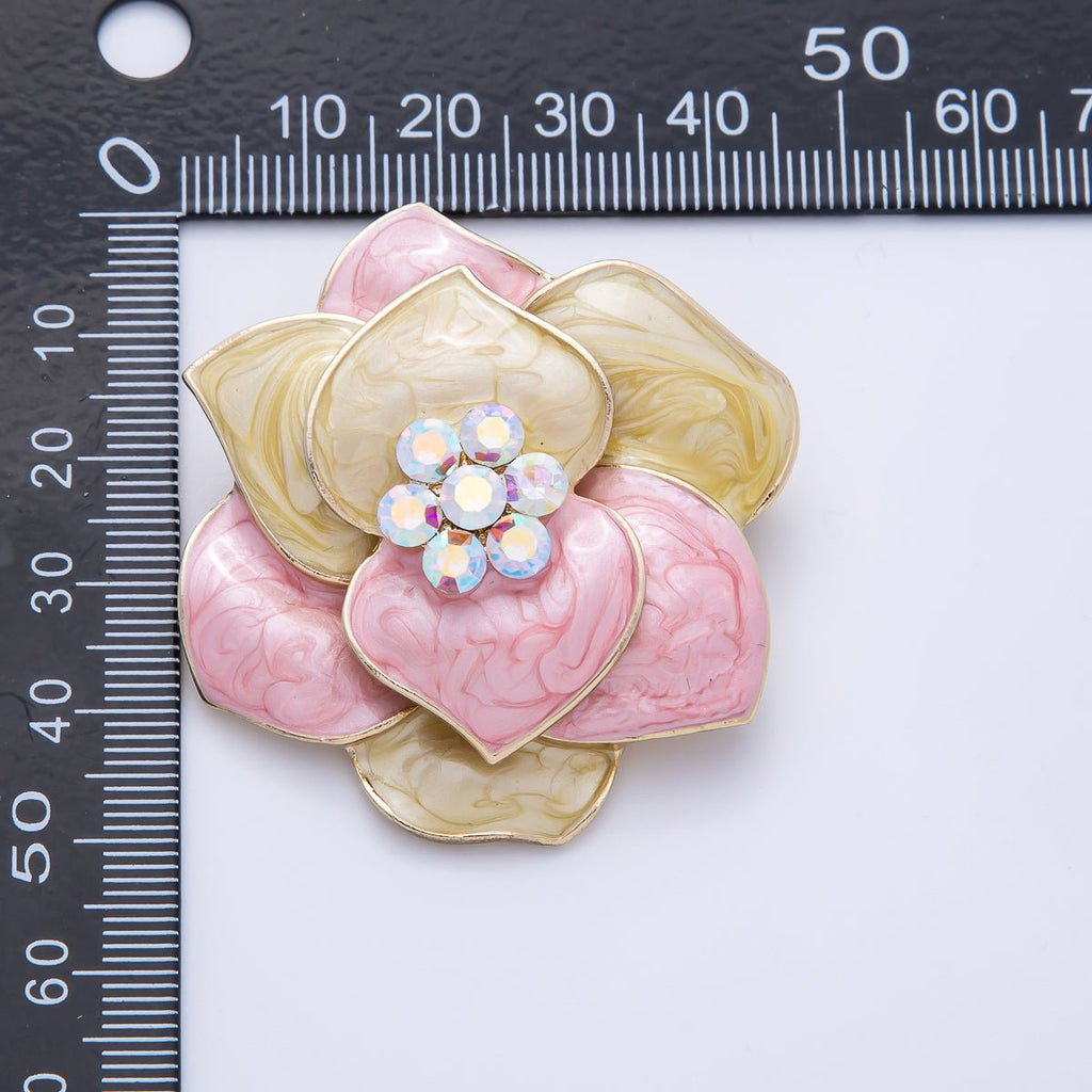 Gold 48.2mm x 38.5mm Rhinestone Yellow Pink Glitter Enamel Flower Pin Brooch | BH-089