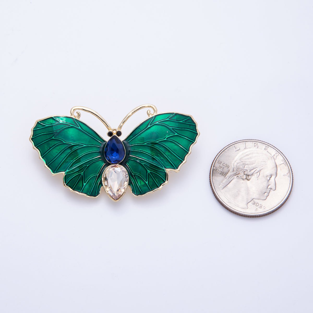 Gold 49.3mm x 28.2mm Green Butterfly Insect Pin Brooch | BH-019