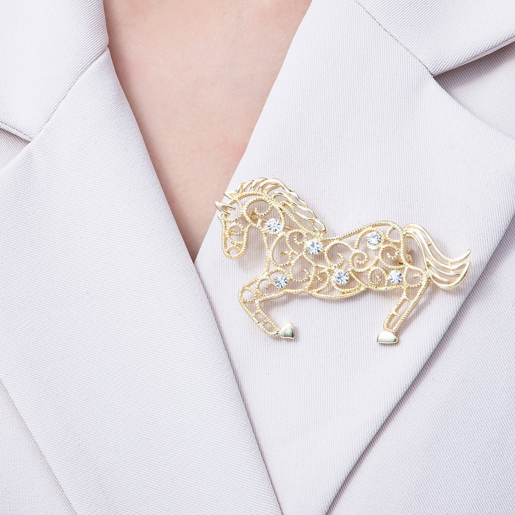 Gold 70mm x 42mm Clear CZ Horse Animal Pin Brooch | BH-021