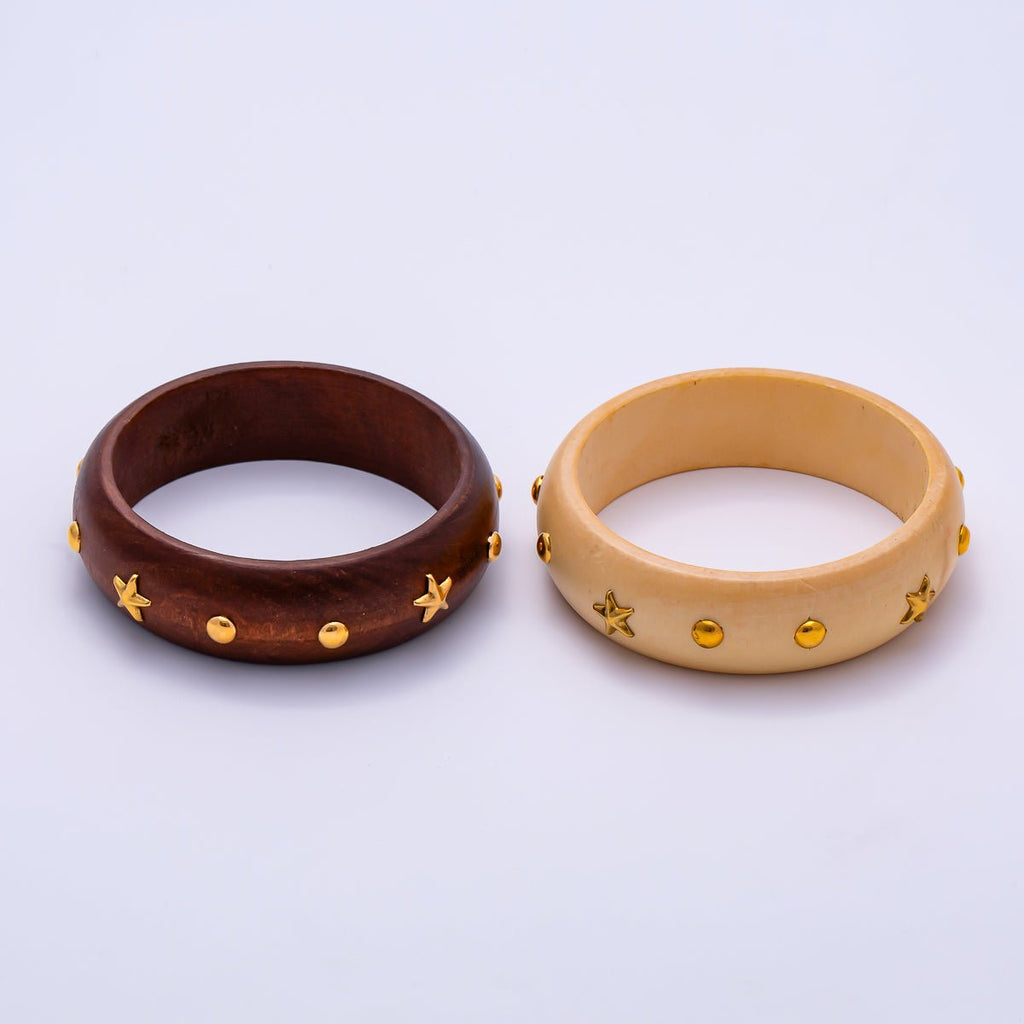 Gold Celestial Star Round Dotted Studded Wood Bangle Bracelet | WA-04329 WA-04330