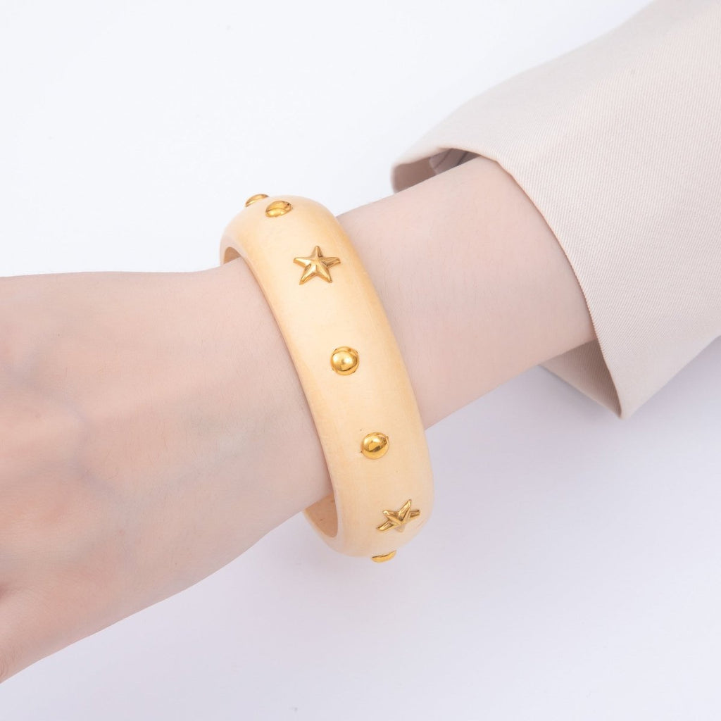Gold Celestial Star Round Dotted Studded Wood Bangle Bracelet | WA-04329 WA-04330