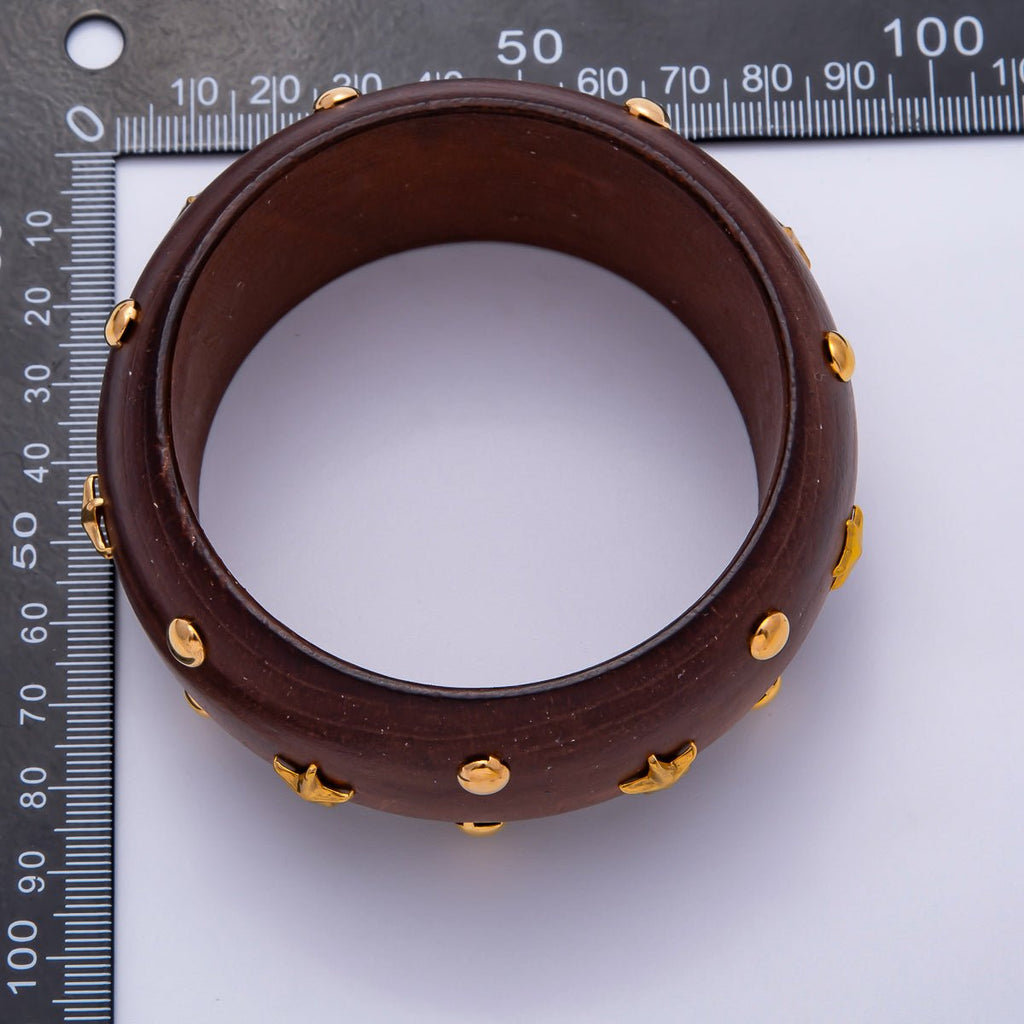 Gold Dotted Studded Round Celestial Star Wood Wide Bangle Bracelet in Brown, Light Brown, Black | WA-04293 ~ WA-04295