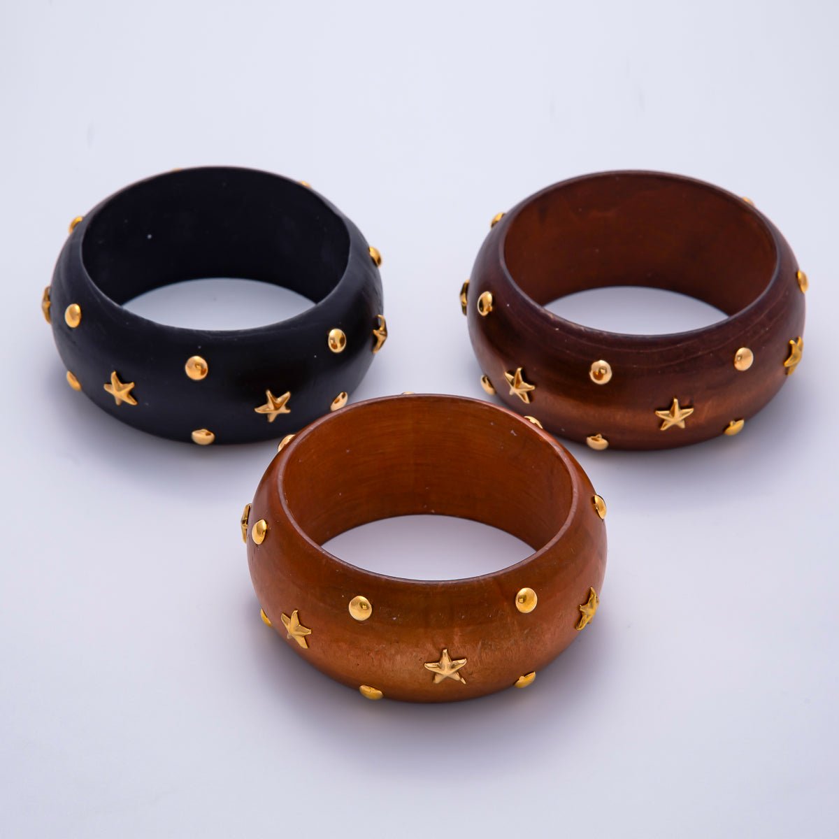 Gold Dotted Studded Round Celestial Star Wood Wide Bangle Bracelet in Brown, Light Brown, Black | WA-04293 ~ WA-04295