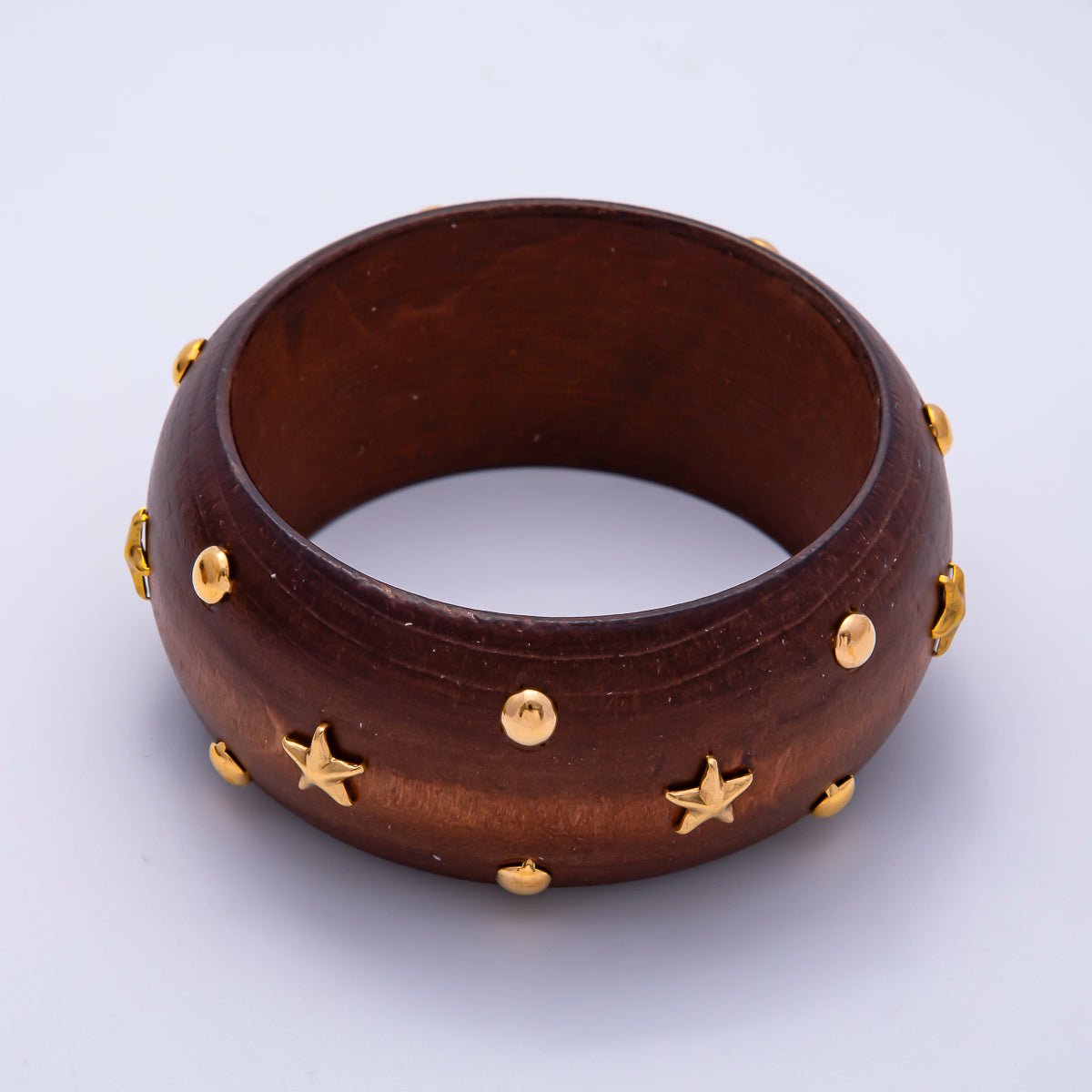 Gold Dotted Studded Round Celestial Star Wood Wide Bangle Bracelet in Brown, Light Brown, Black | WA-04293 ~ WA-04295