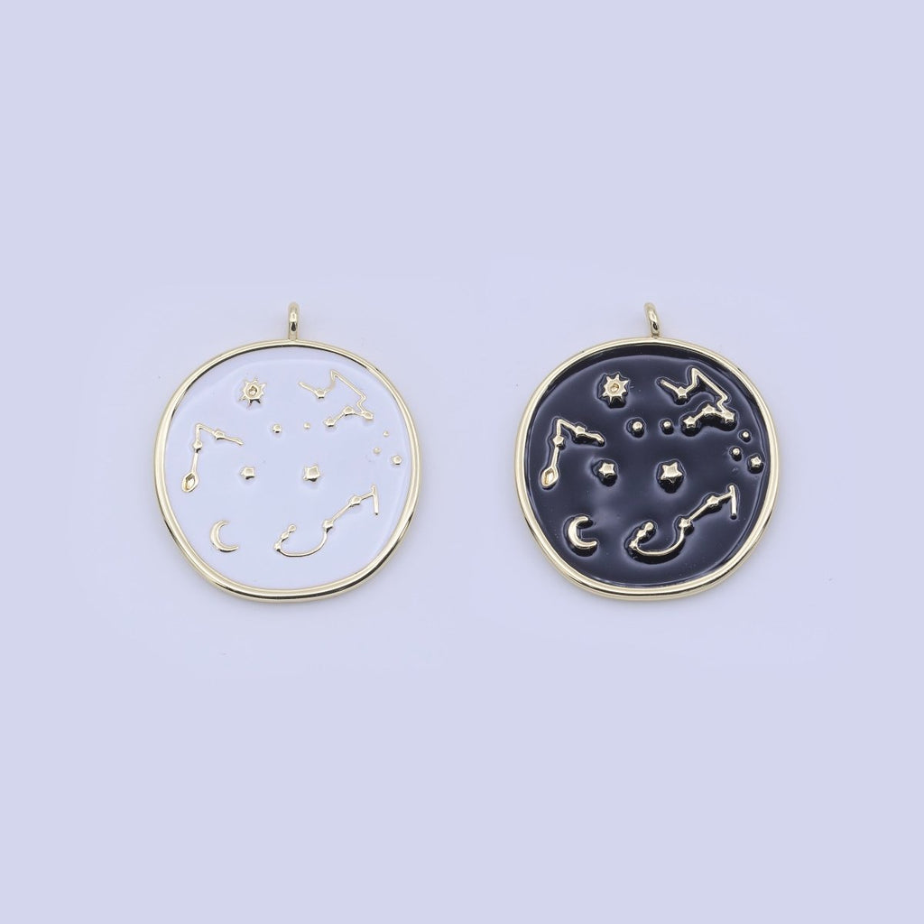 14K Gold Filled 30mm White, Black Enamel Constellation Star Celestial Round Charm | H274 H277