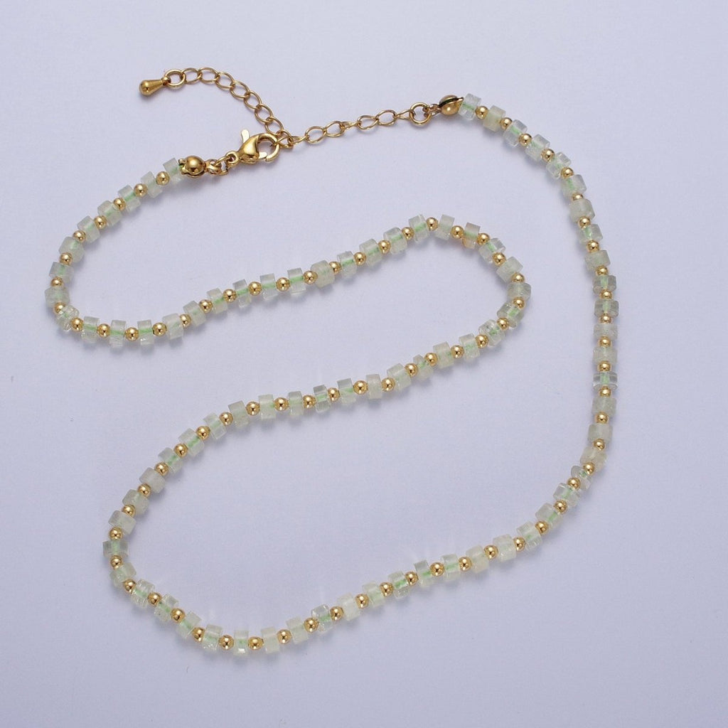 Gold Filled Green Prehnite Rondelle Heishi Gemstone Gold Spacer Beads 16 Inch Choker Necklace | WA-1436