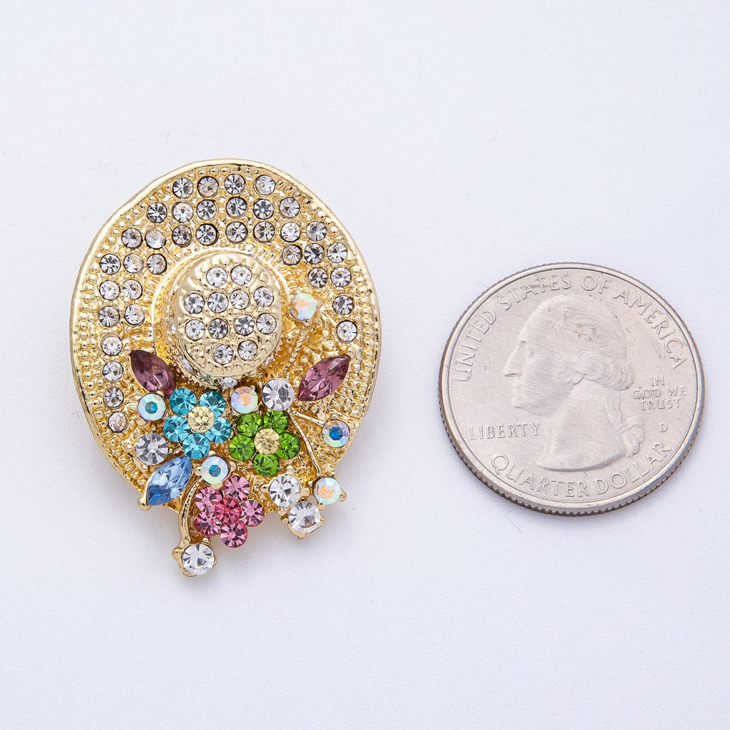 Gold Micro Pave Rhinestone Jeweled Flower Jubilee Hat Pin Brooch | BH-010