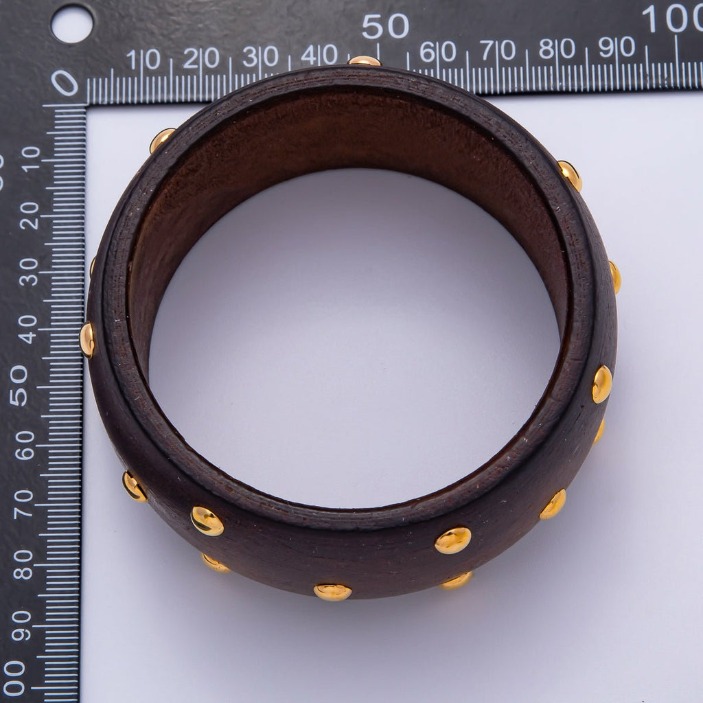 Gold Round Dotted Studded Brown Wood Wide Bangle Bracelet | WA-04296