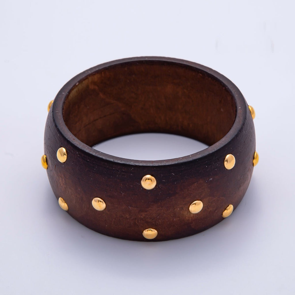 Gold Round Dotted Studded Brown Wood Wide Bangle Bracelet | WA-04296