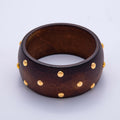 Gold Round Dotted Studded Brown Wood Wide Bangle Bracelet | WA-04296