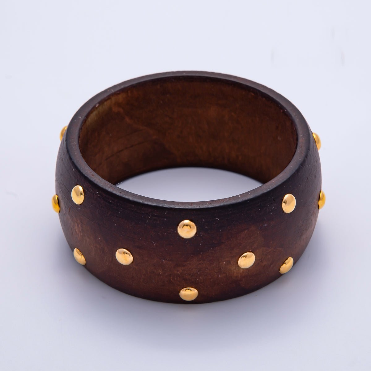 Gold Round Dotted Studded Brown Wood Wide Bangle Bracelet | WA-04296