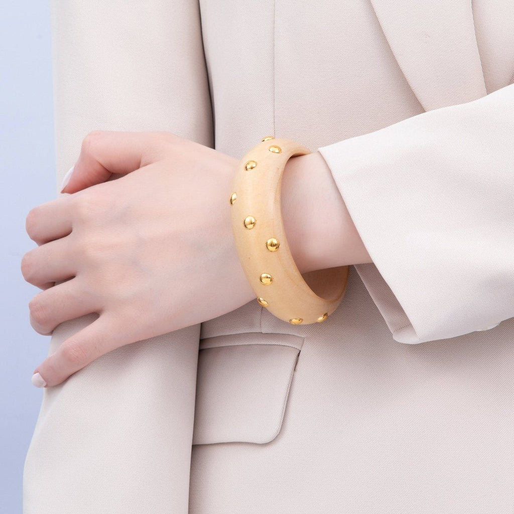 Gold Round Dotted Studded Light Brown Wood Bangle Bracelet | WA-04328