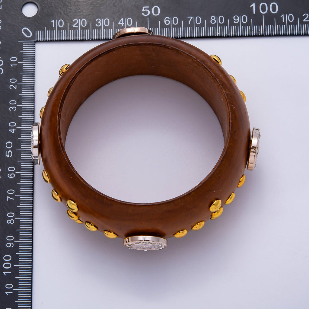 Gold Round Dotted Studded Rose Flower Cross Wood Bangle Bracelet | WA-04326 WA-04327