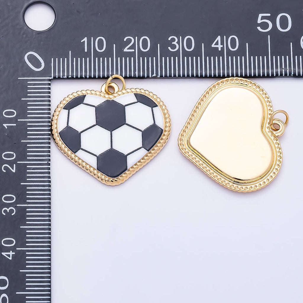 PVD Gold Stainless Steel 25mm Tennis, Baseball, Soccer Enamel Bezel Heart Charm | Charms-01335 ~ Charms-01337