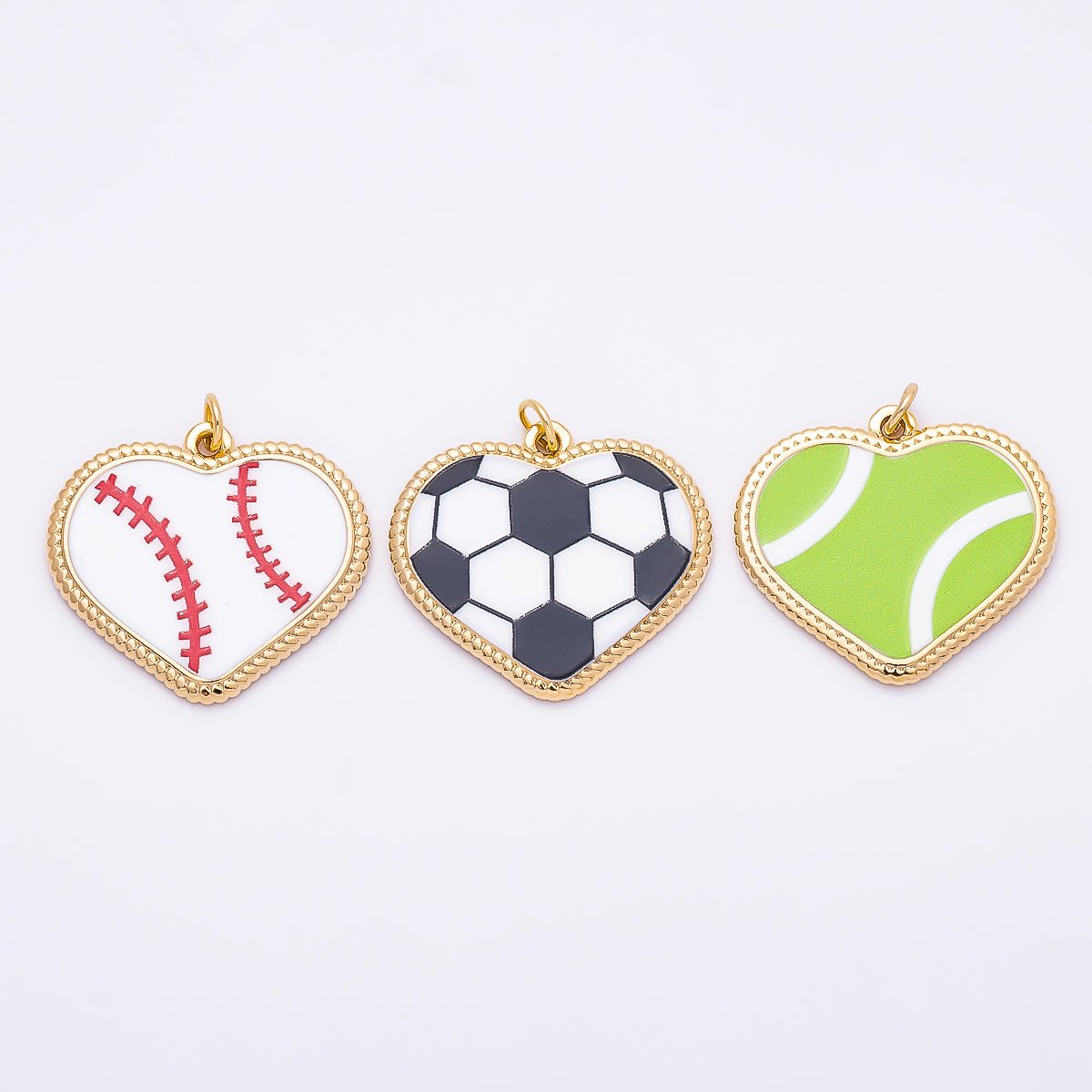 PVD Gold Stainless Steel 25mm Tennis, Baseball, Soccer Enamel Bezel Heart Charm | Charms-01335 ~ Charms-01337