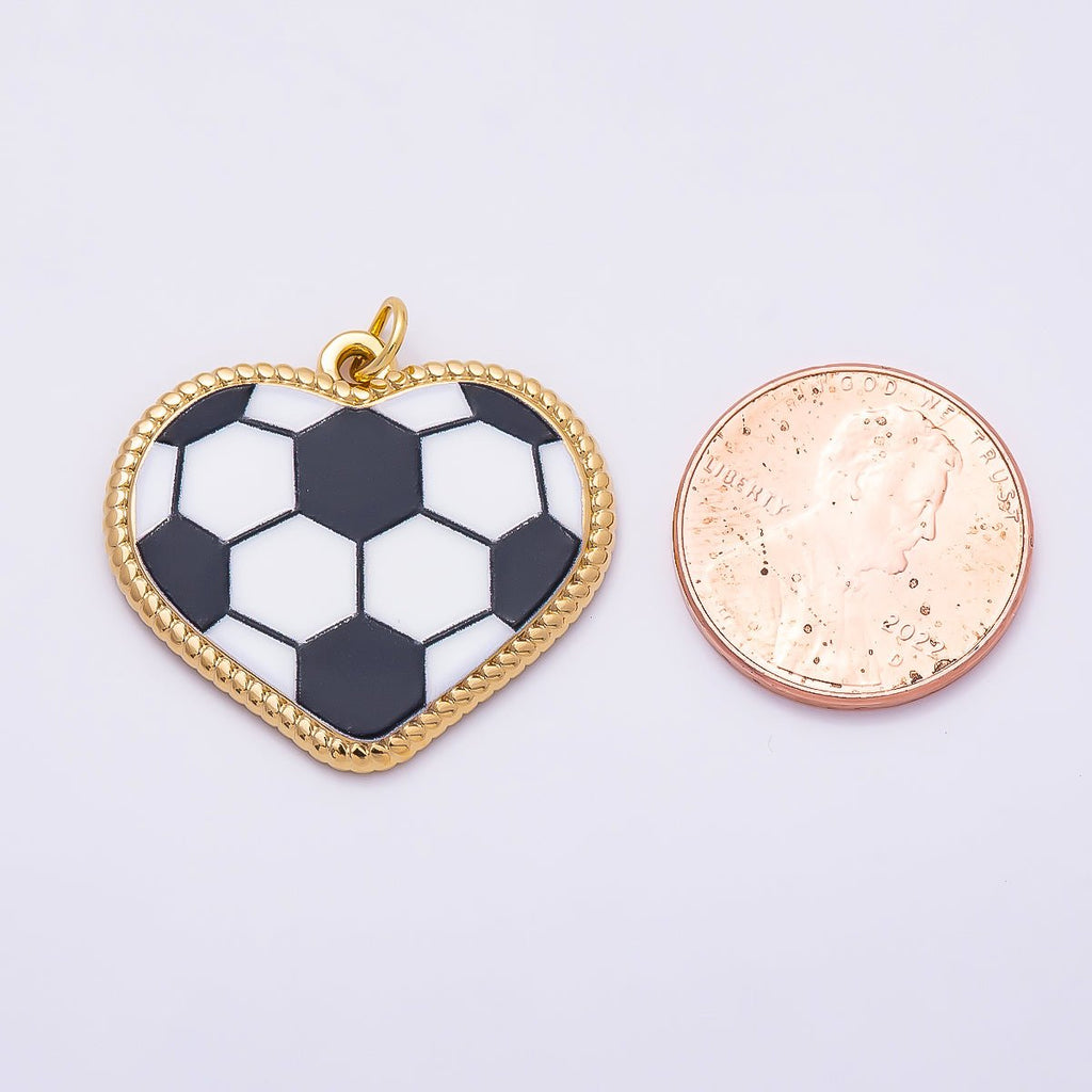 PVD Gold Stainless Steel 25mm Tennis, Baseball, Soccer Enamel Bezel Heart Charm | Charms-01335 ~ Charms-01337