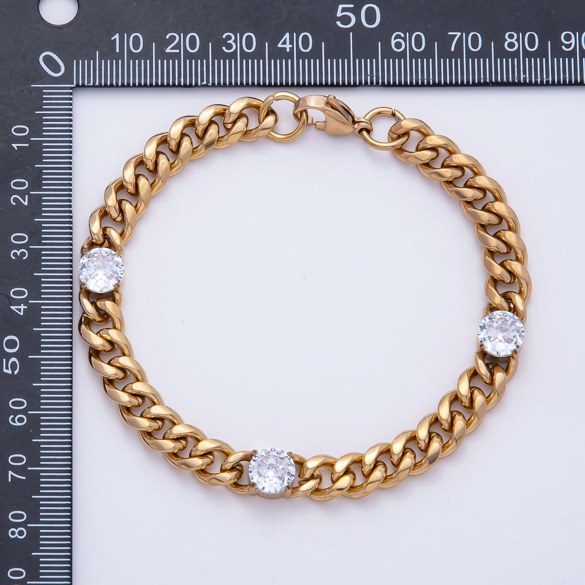 Gold Stainless Steel 8mm Triple CZ Curb Chain 8.66 Inch Bracelet | WA-04036