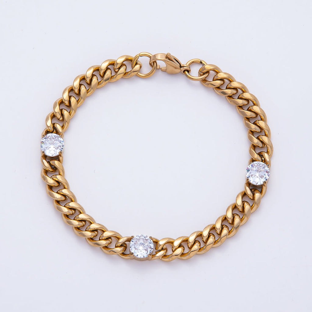Gold Stainless Steel 8mm Triple CZ Curb Chain 8.66 Inch Bracelet | WA-04036