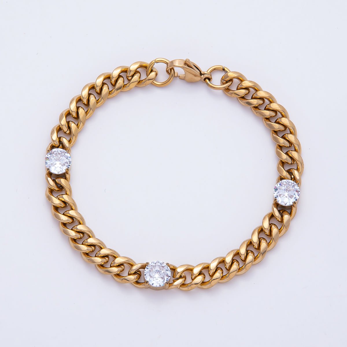 Gold Stainless Steel 8mm Triple CZ Curb Chain 8.66 Inch Bracelet | WA-04036