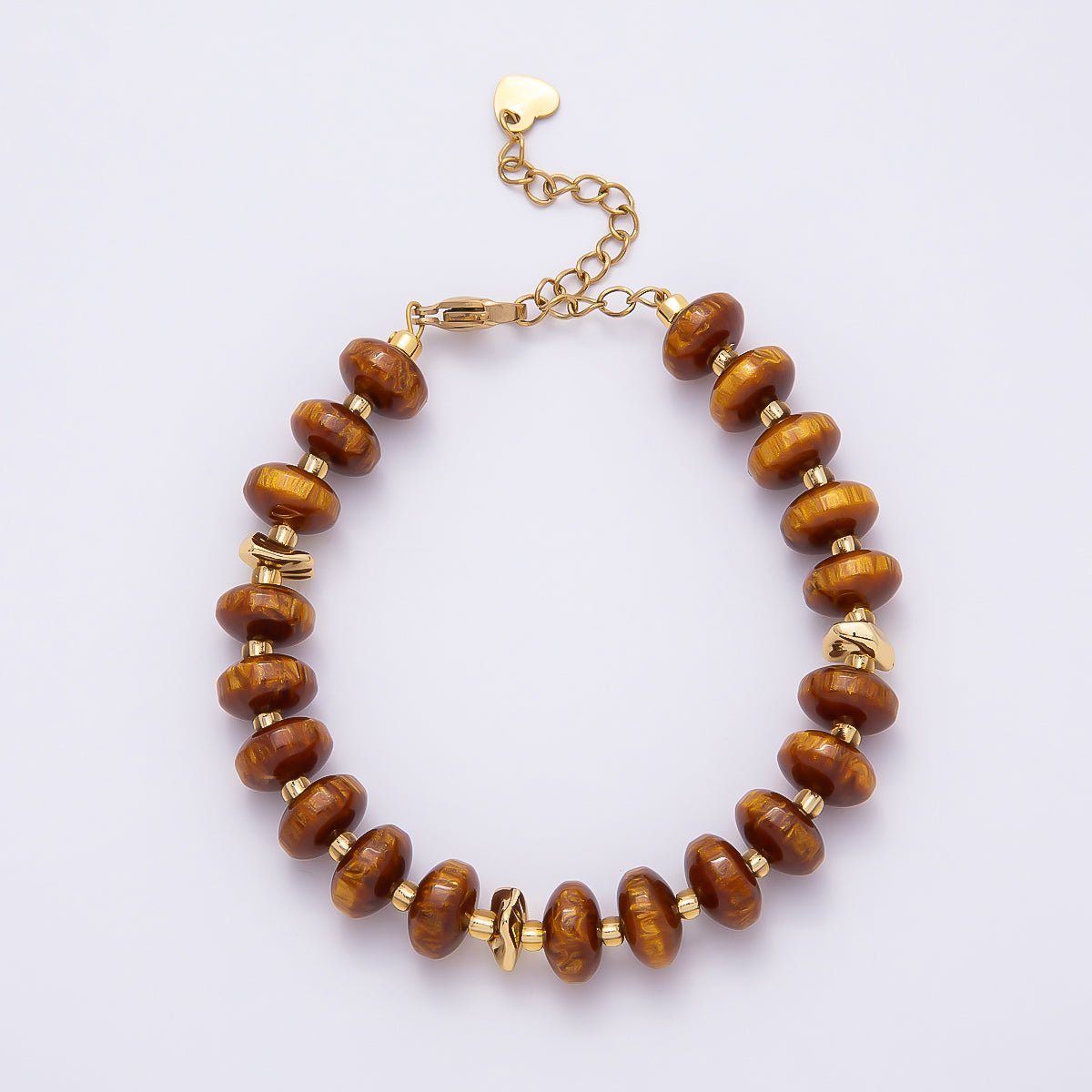 Handmade 10mm Round Flat Rondelle Bead Resin 7.5 Inch Bracelet w/ Extender Gold Pvd Stainless Steel | WA-04613 - WA-04618