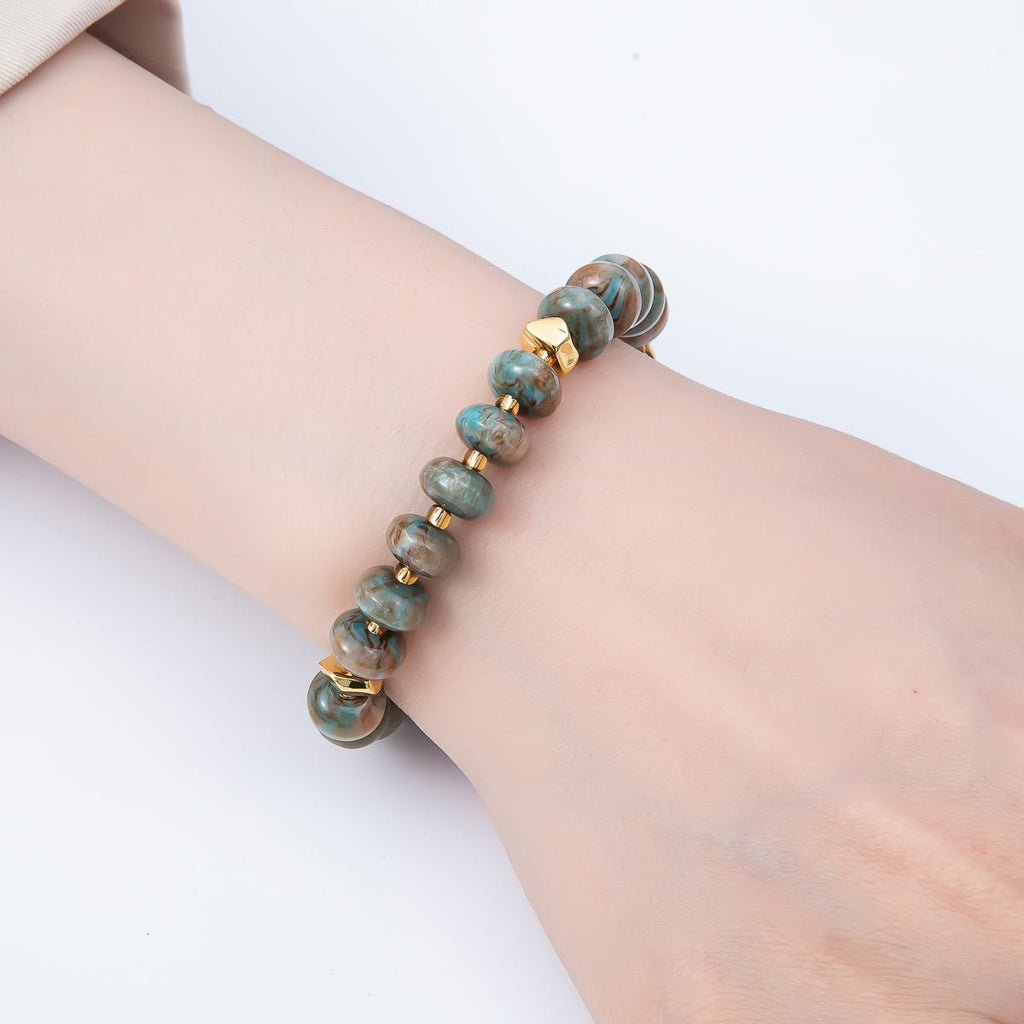 Handmade 10mm Round Flat Rondelle Bead Resin 7.5 Inch Bracelet w/ Extender Gold Pvd Stainless Steel | WA-04613 - WA-04618