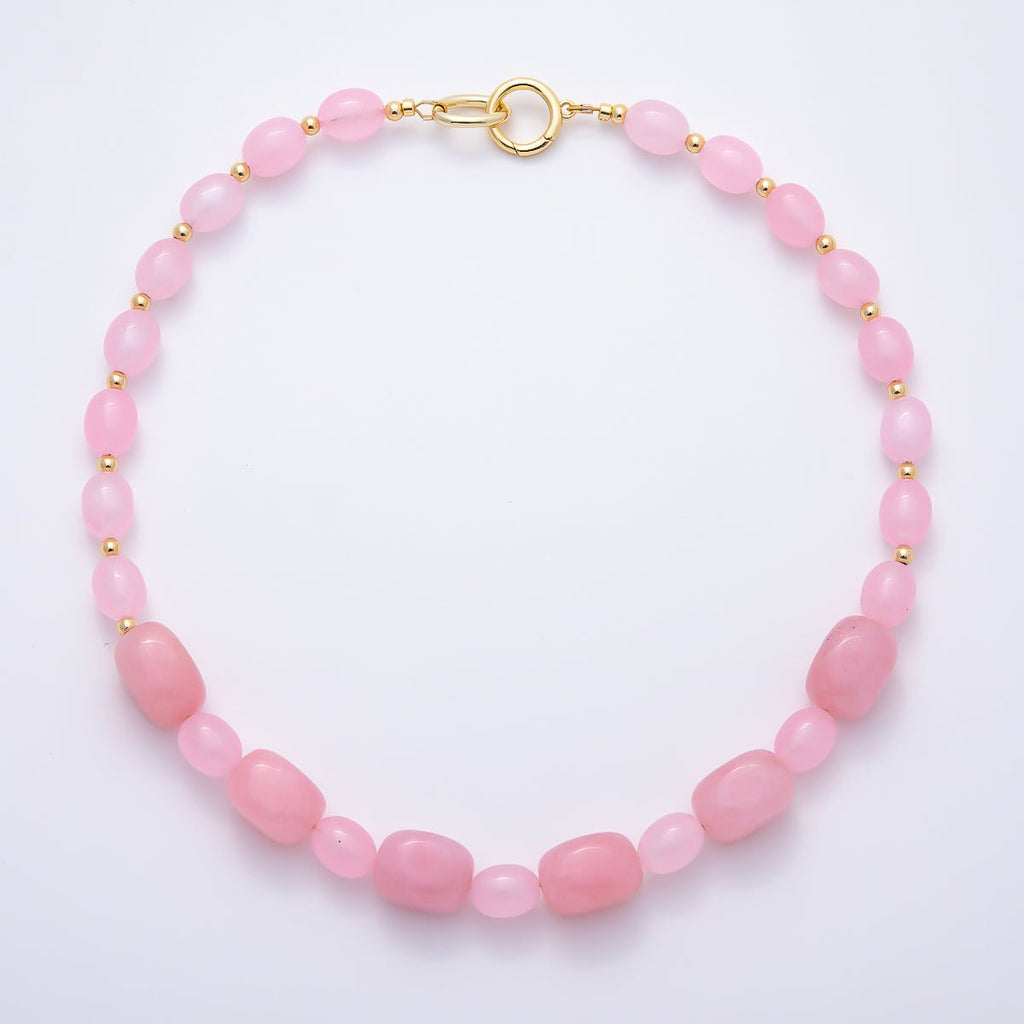 Handmade 16K Gold Filled 15mm Pink Quartz Gradient Rectangle Gemstone Chain 19 Inch Necklace w. Dual Push Gate Charm Holder | WA-01503