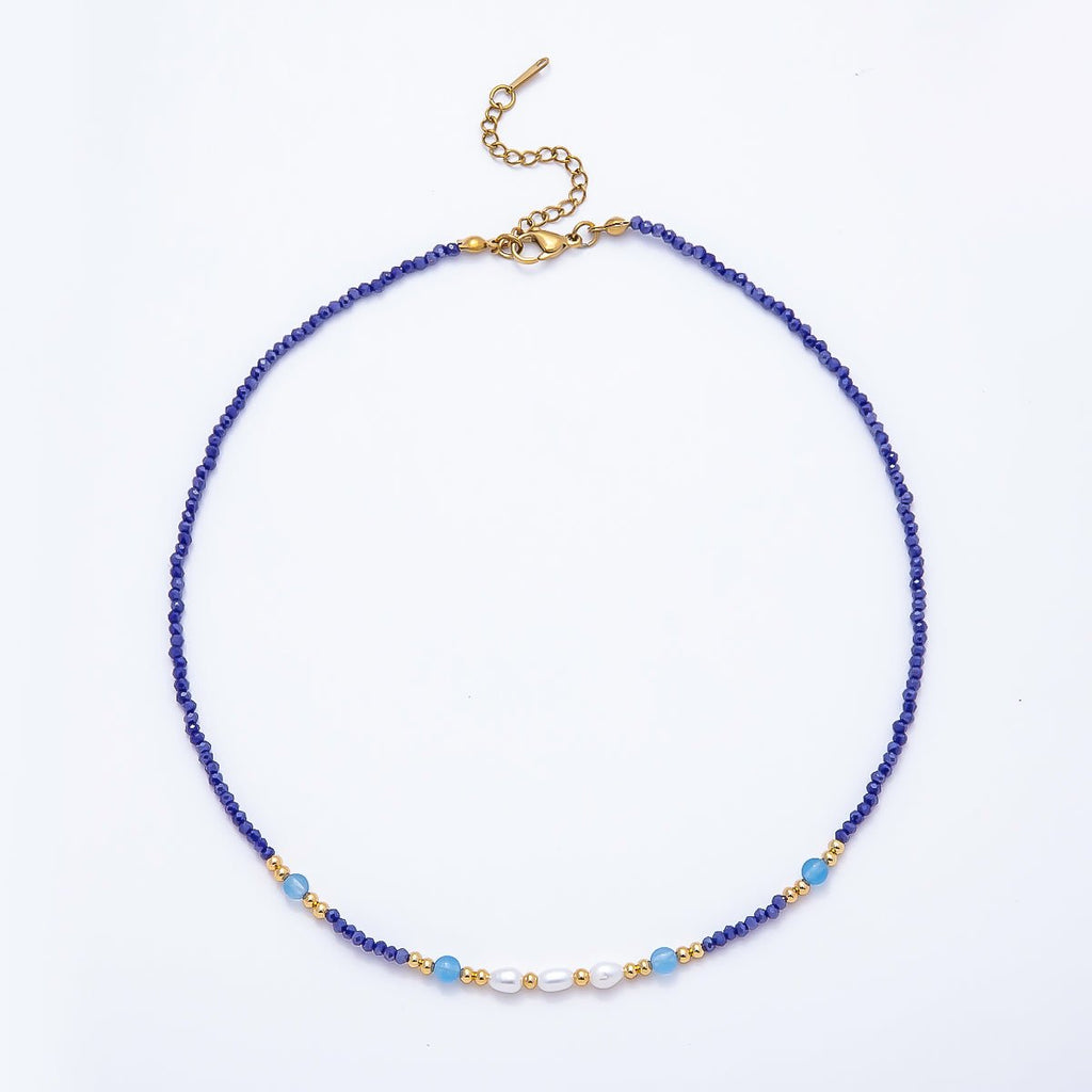 Handmade 2.5mm Shell Pearl Blue, Light Blue, Black Multifaceted Crystal Gemstone Chain 16 Inch Necklace | WA-00689 WA-00699 WA-00790