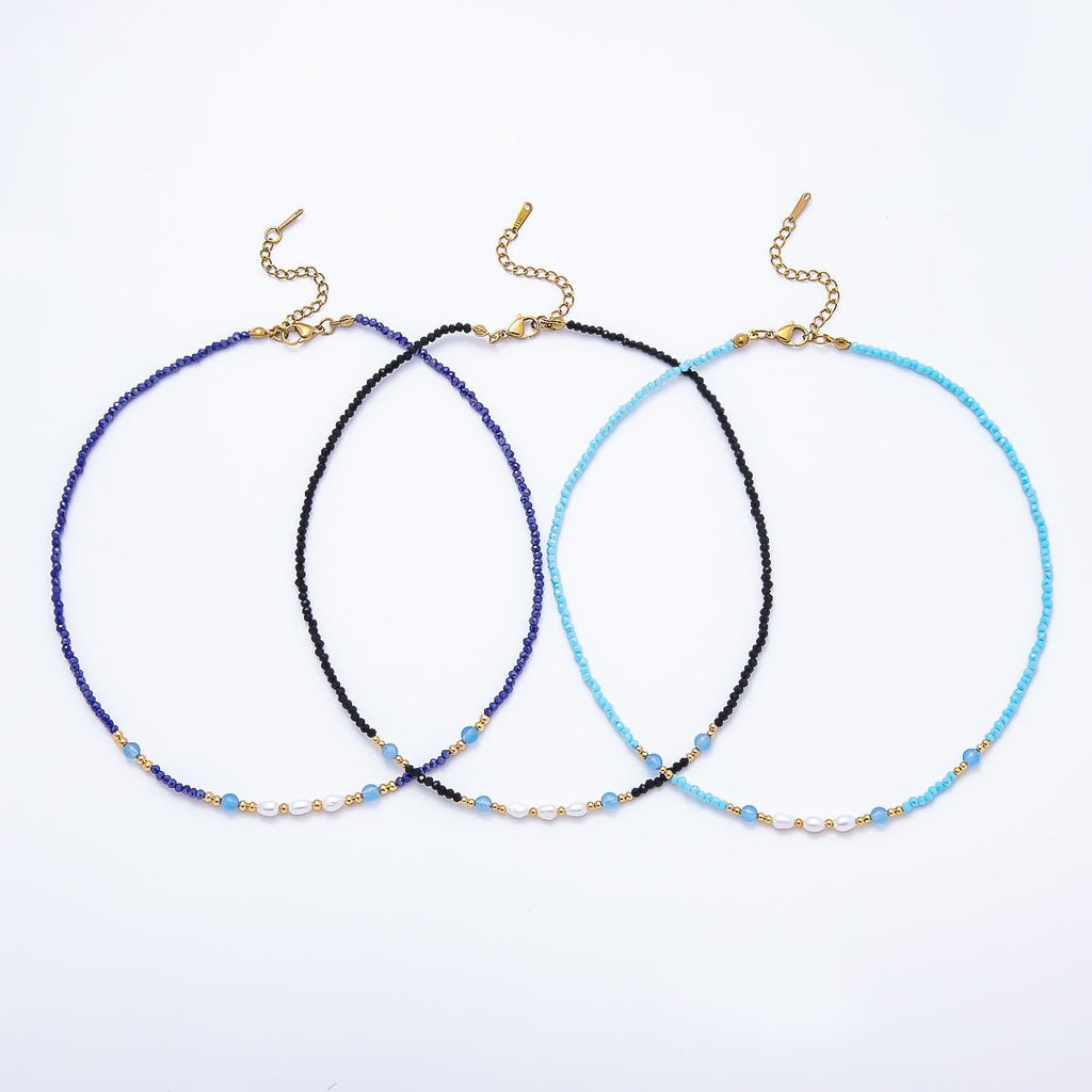 Handmade 2.5mm Shell Pearl Blue, Light Blue, Black Multifaceted Crystal Gemstone Chain 16 Inch Necklace | WA-00689 WA-00699 WA-00790