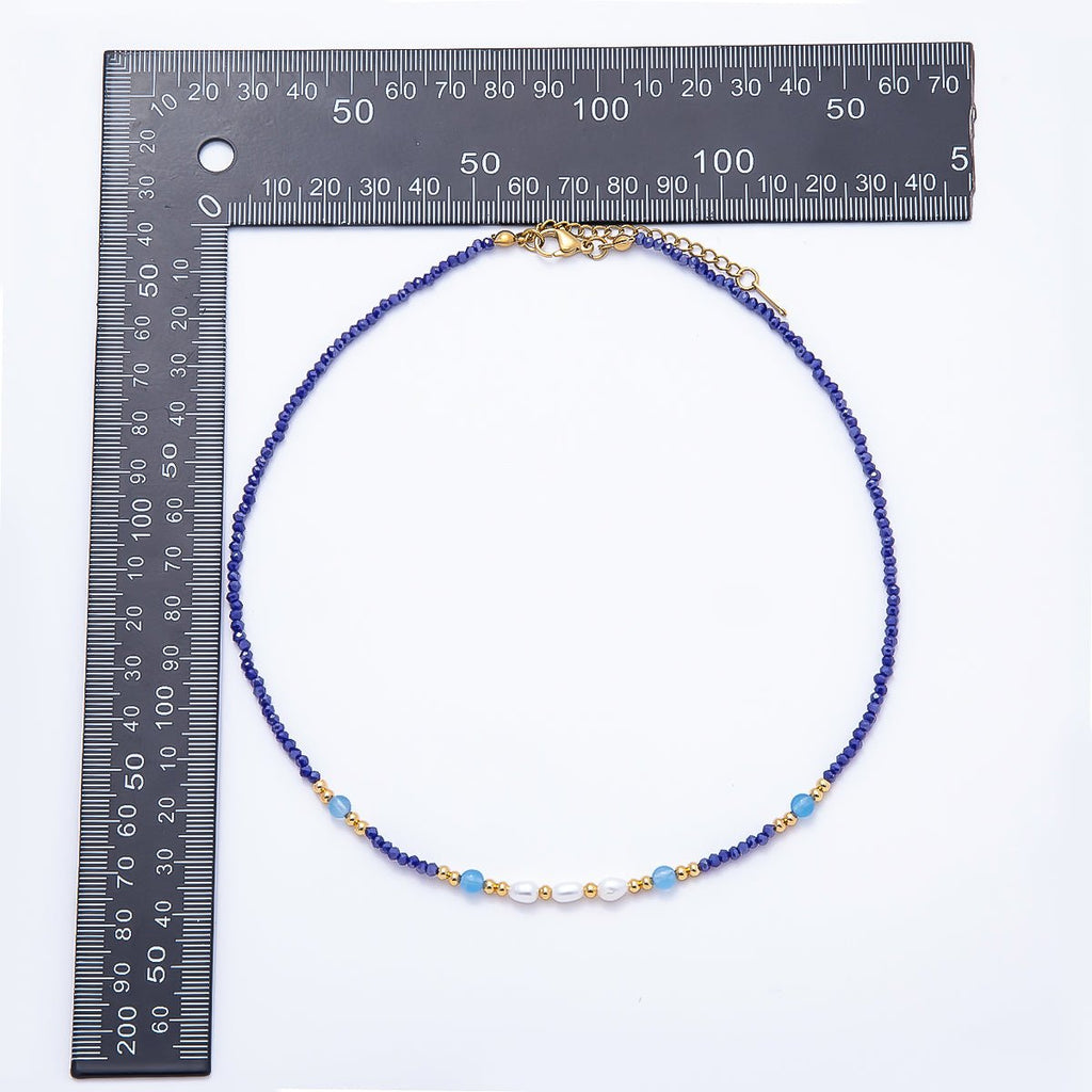 Handmade 2.5mm Shell Pearl Blue, Light Blue, Black Multifaceted Crystal Gemstone Chain 16 Inch Necklace | WA-00689 WA-00699 WA-00790