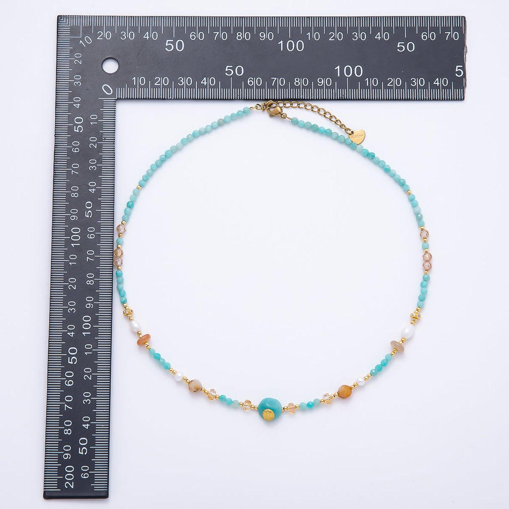 Handmade 4mm Citrine Aquamarine Round Gemstone Chain 16 Inch Necklace | WA-00319