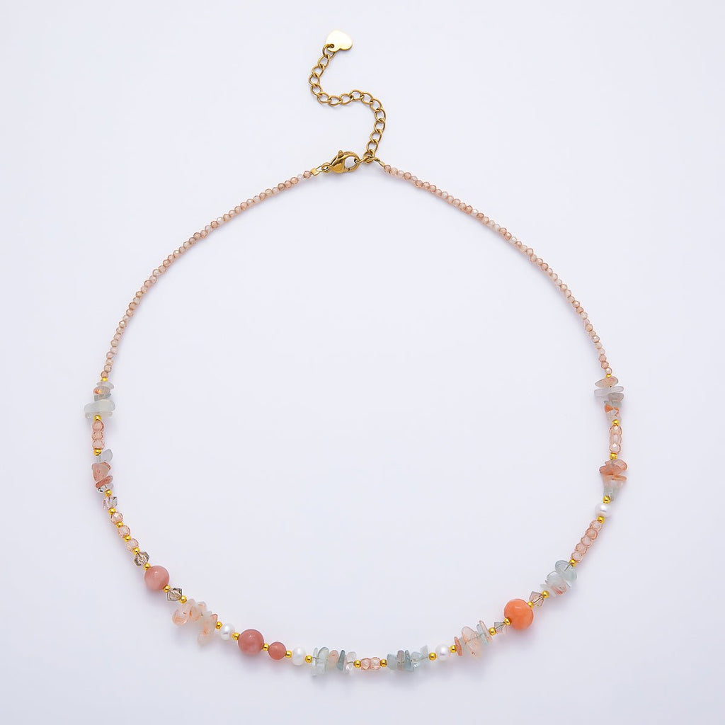 Handmade 5mm Shell Pearl Pink Quartz Blue Aquamarine Round Pebble Gemstone Chain 16 Inch Necklace | WA-04737
