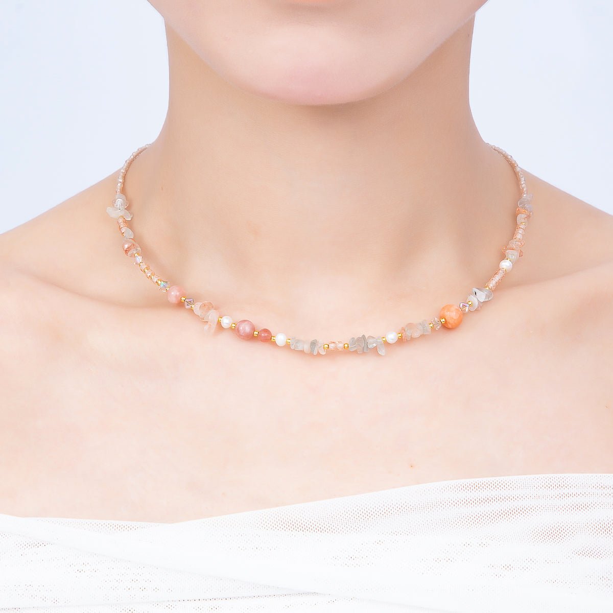 Handmade 5mm Shell Pearl Pink Quartz Blue Aquamarine Round Pebble Gemstone Chain 16 Inch Necklace | WA-04737