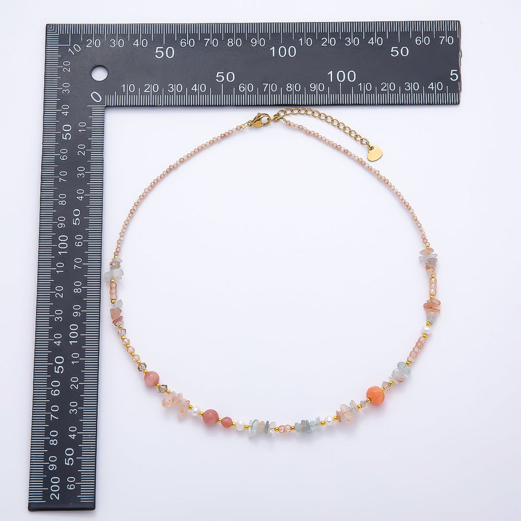 Handmade 5mm Shell Pearl Pink Quartz Blue Aquamarine Round Pebble Gemstone Chain 16 Inch Necklace | WA-04737