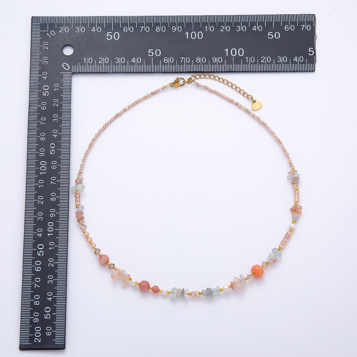Handmade 5mm Shell Pearl Pink Quartz Blue Aquamarine Round Pebble Gemstone Chain 16 Inch Necklace | WA-04737