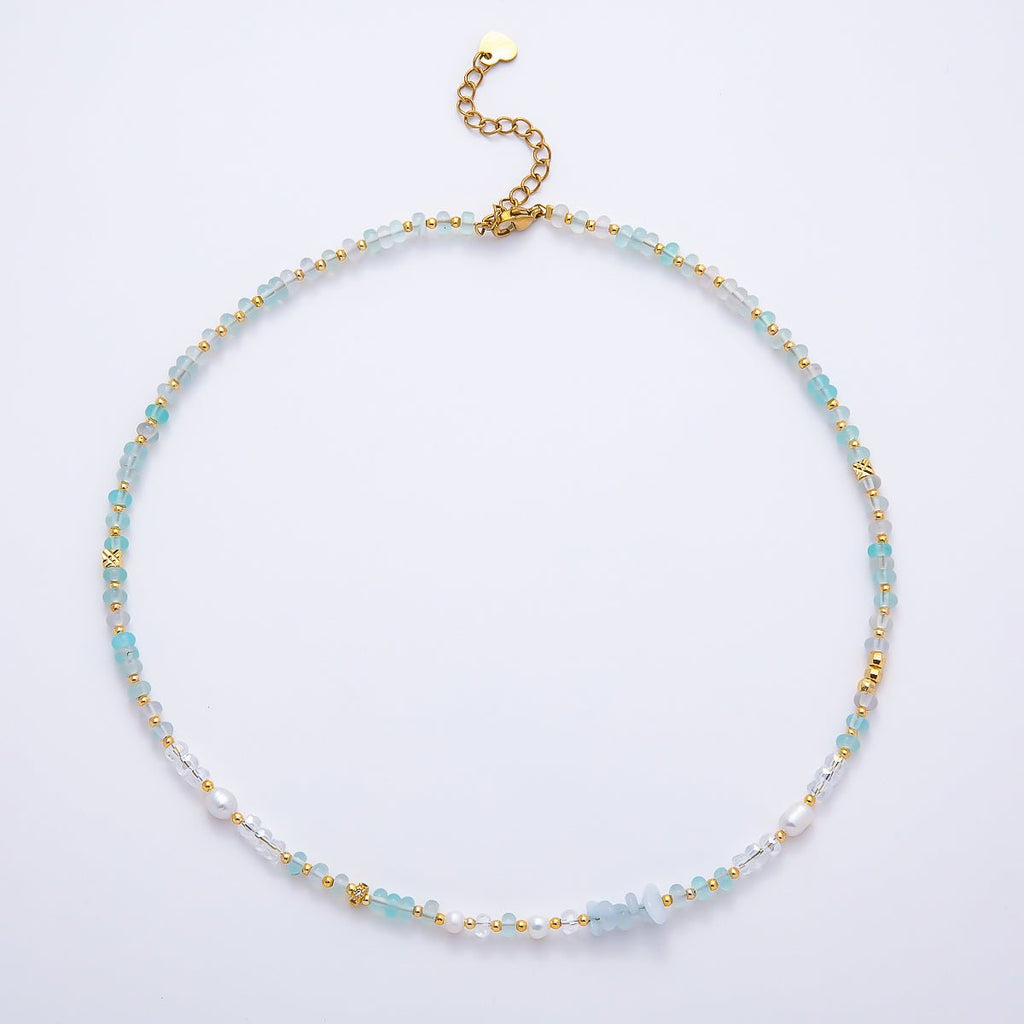 Handmade 4.2mm Blue Aquamarine AB Shell Pearl Rondelle Multifaceted Gemstone Chain 15.5 Inch Necklace | WA-04730