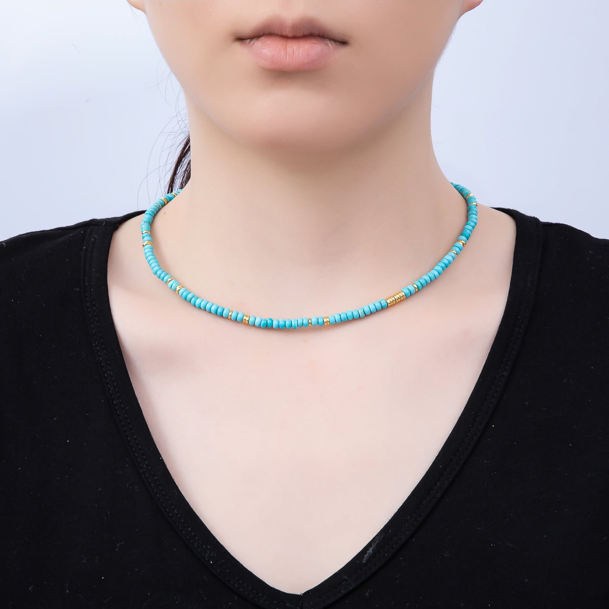 Handmade Stainless Steel 4.5mm Turquoise Rondelle Bead Gemstone Chain 16 Inch Necklace | WA-04655