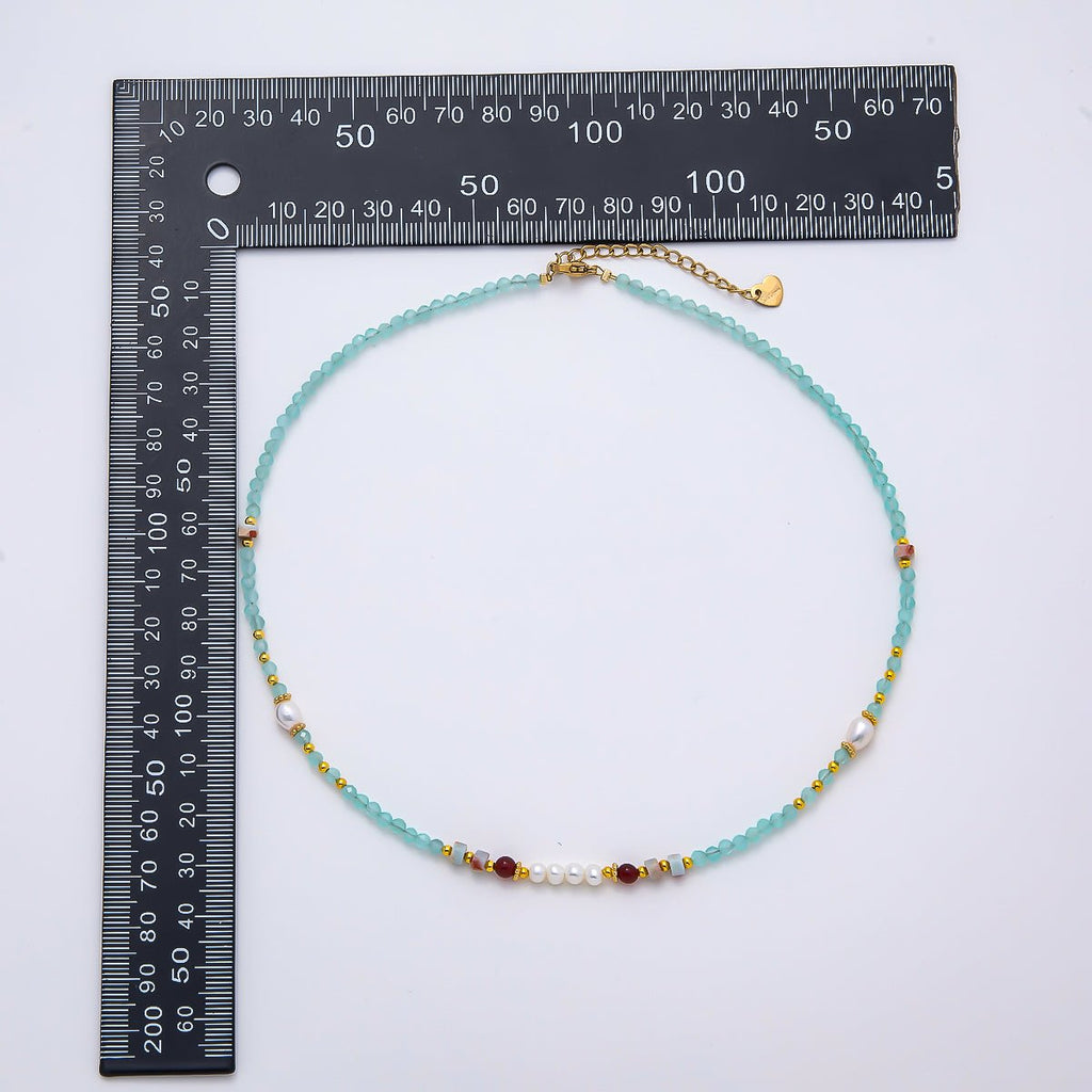 Handmade Stainless Steel 4mm Blue Aquamarine Shell Pearl Gemstone Chain 16 Inch Necklace | WA-04645