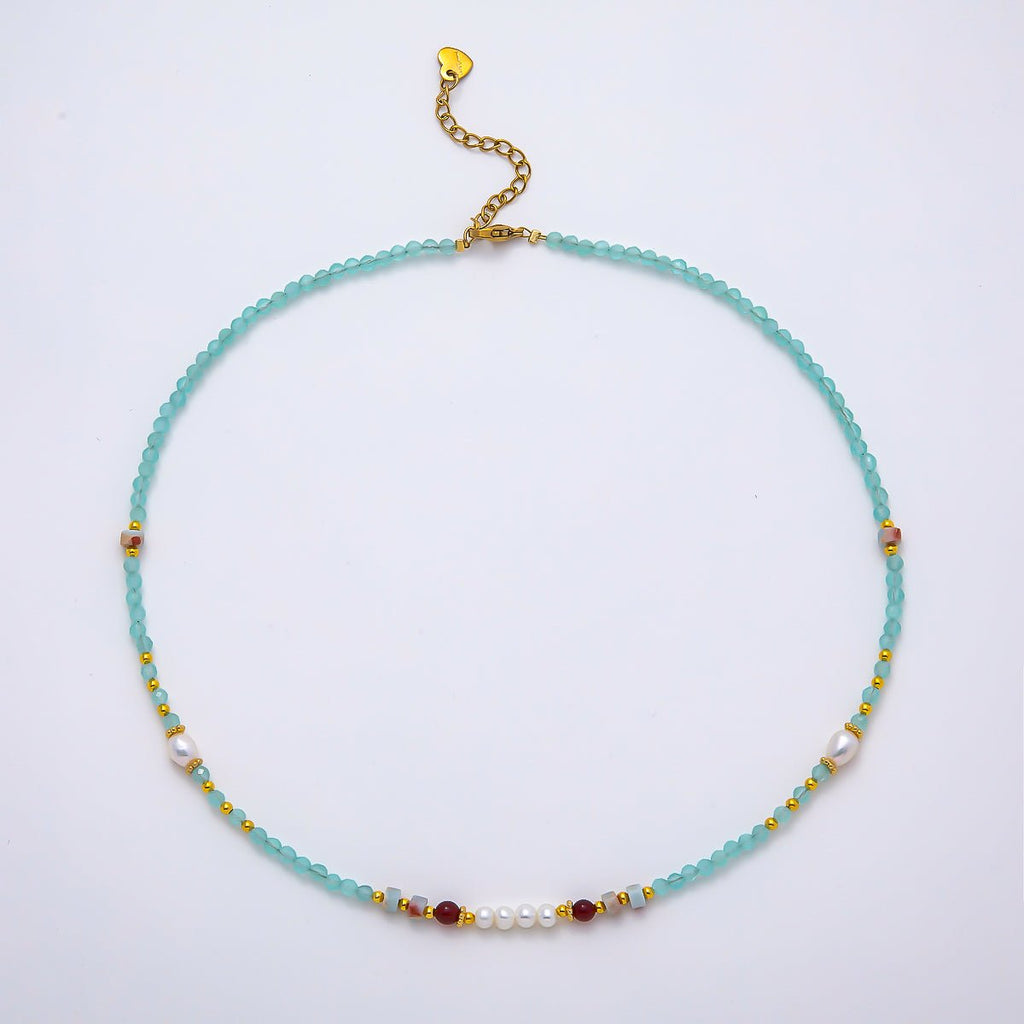 Handmade Stainless Steel 4mm Blue Aquamarine Shell Pearl Gemstone Chain 16 Inch Necklace | WA-04645