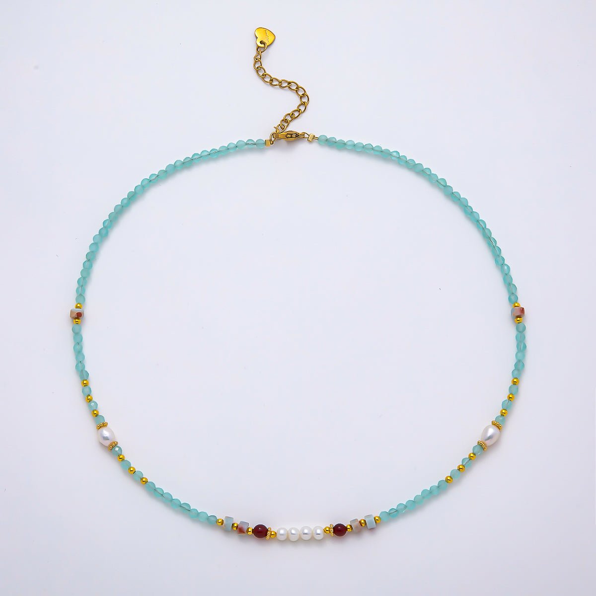 Handmade Stainless Steel 4mm Blue Aquamarine Shell Pearl Gemstone Chain 16 Inch Necklace | WA-04645