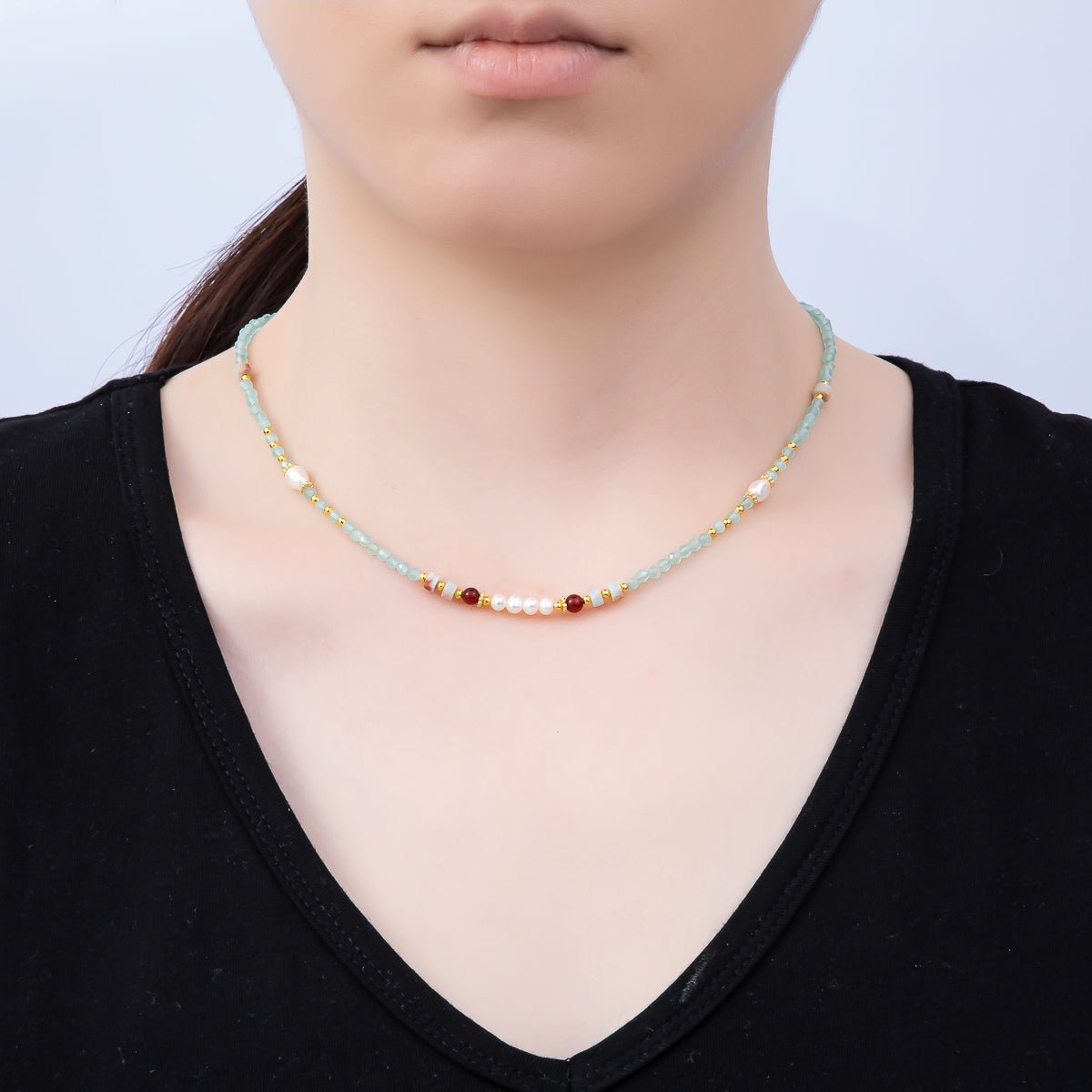 Handmade Stainless Steel 4mm Blue Aquamarine Shell Pearl Gemstone Chain 16 Inch Necklace | WA-04645