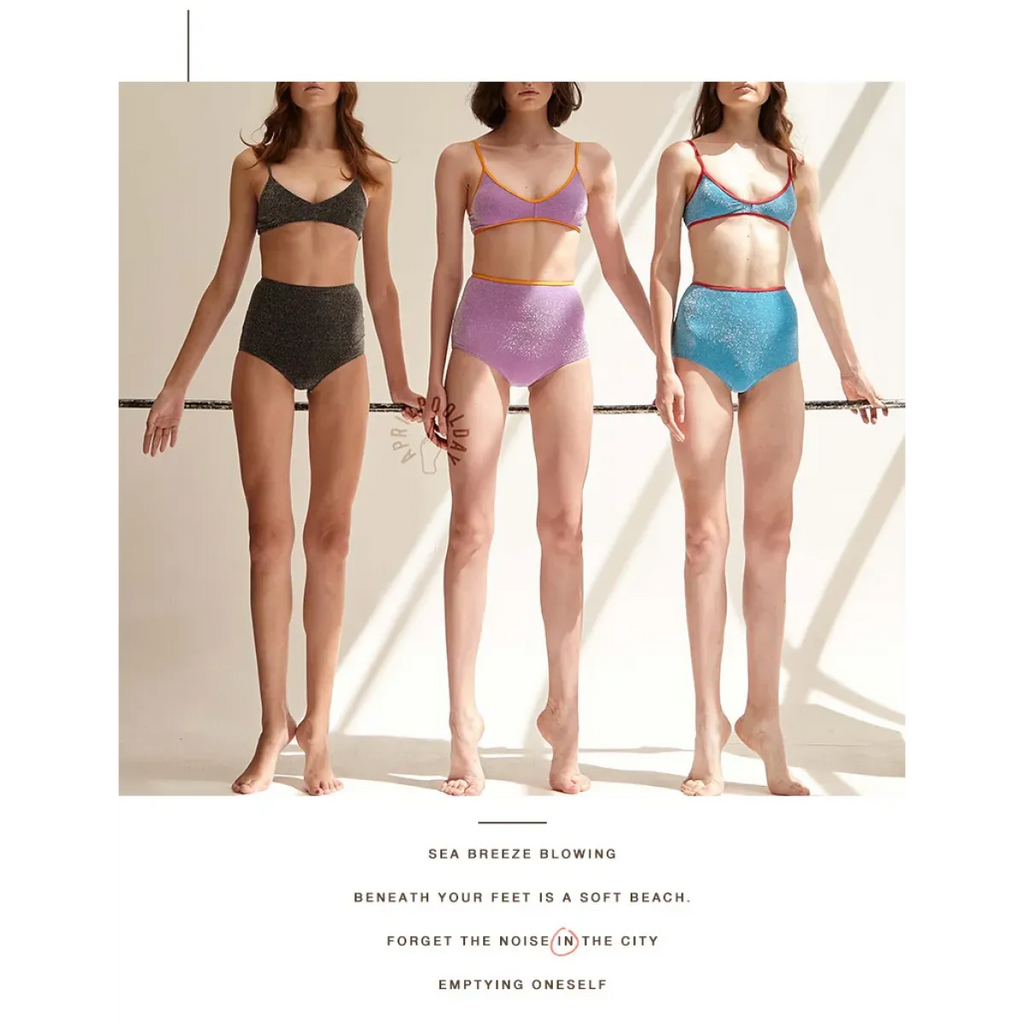 Glitter Bikini Set – High Waist Shiny Contrast Trim Beachwear