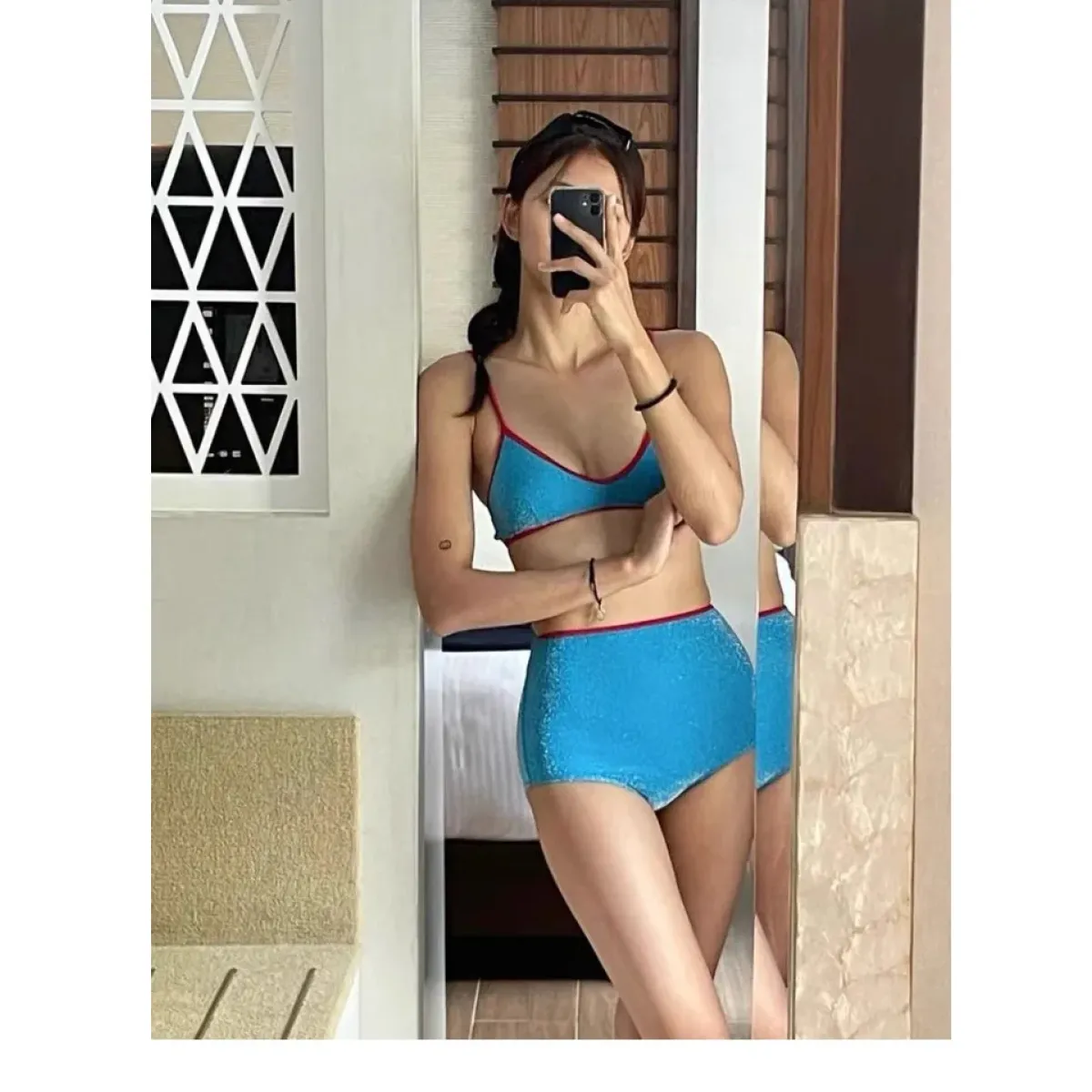 Glitter Bikini Set – High Waist Shiny Contrast Trim Beachwear