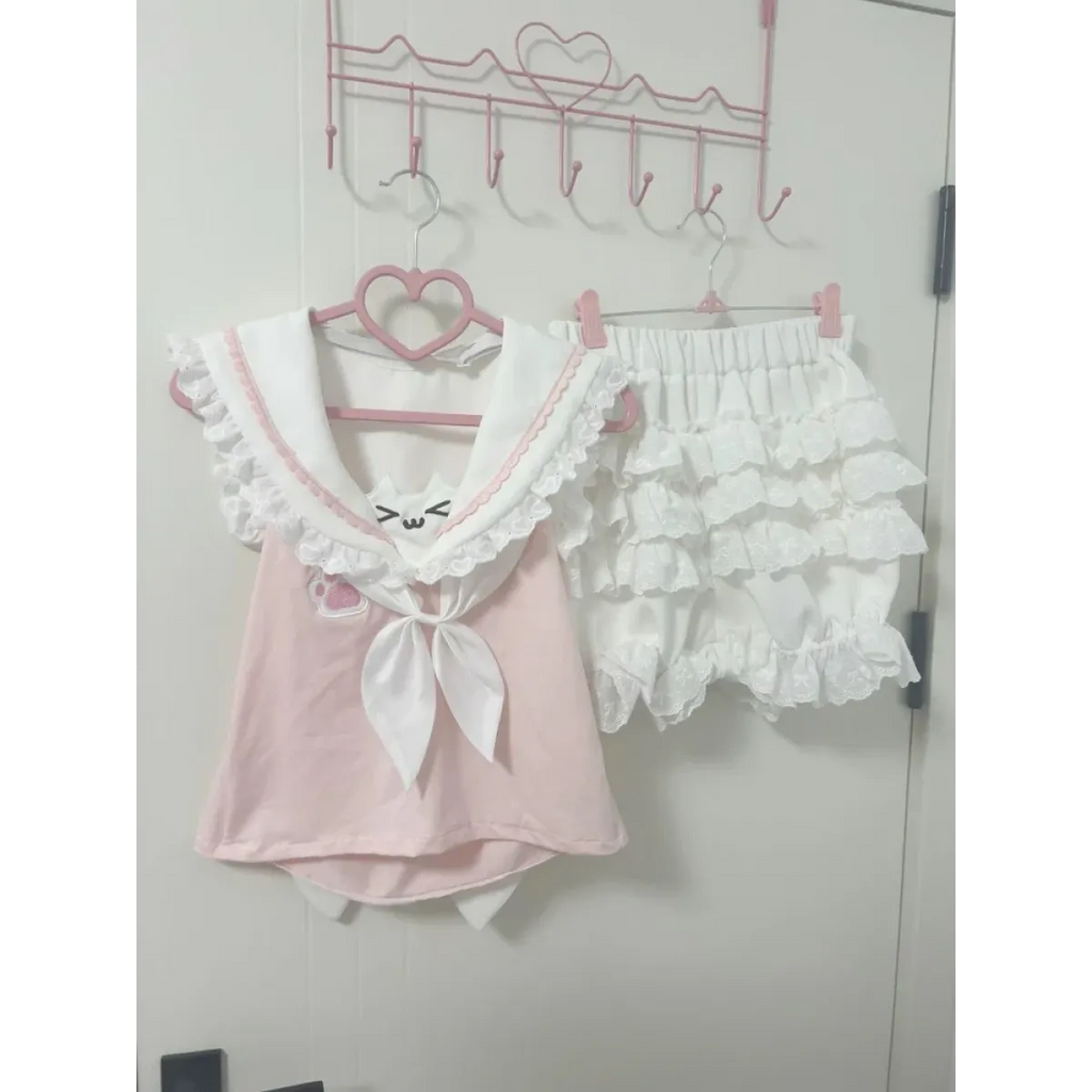 Kawaii Cat Lace Sailor Crop Top