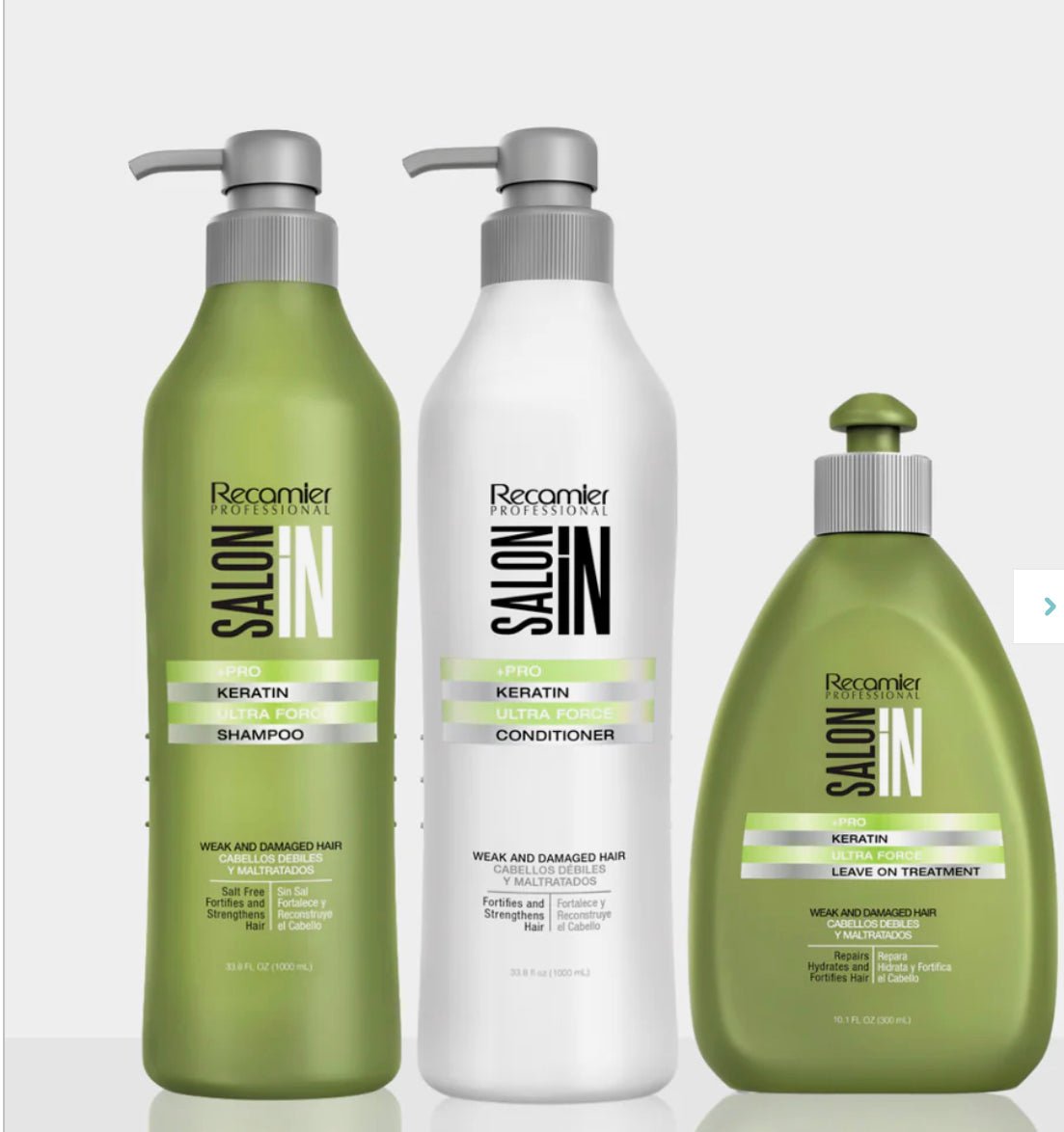 Recamier Salon In Keratin Ultra Force 3-Piece Kit - Shampoo & Conditioner 33.8 oz (1000 ml) + Free Leave-On Treatment 10.1 oz (300 ml)